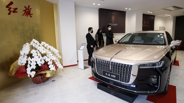 A China FAW Group Co. Hongqi brand H9 G4 vehicle displayed at the company's showroom in Osaka, Japan, on Thursday, Jan. 27, 2022. FAW, the carmaker whose luxury Hongqi model was used to transport Chairman Mao Zedong, is betting on a new audience in Japan, opening its first showroom in the country as it seeks to crack a market that’s fiercely loyal to domestic brands. Photographer: Kiyoshi Ota/Bloomberg