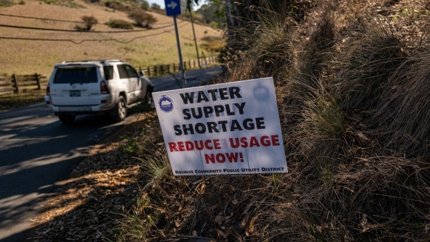 A 'Water Supply Shortage, Reduce Usage Now!" sign in Bolinas, California, U.S., on Thursday, Oct. 14, 2021. The current California drought poses an existential threat to places like Marin County, which rely on local water sources for most or all of their supply. The past year has been the second driest on record in California. Photographer: David Paul Morris/Bloomberg