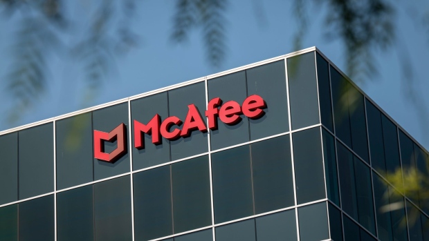 Signage is displayed outside McAfee Corp. headquarters in Santa Clara, California, U.S., on Tuesday, Sept. 29, 2020. Cybersecurity software maker McAfee Corp. has filed to go public, adding to the roster of companies rushing to cash in on a hot market for U.S. initial public offerings.