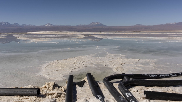 Pipes to pump brine from pools at the Albemarle Corp. Lithium mine in Calama,