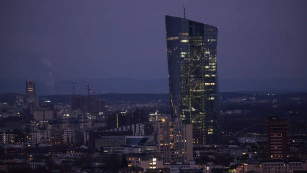 The European Central Bank (ECB) headquarters in Frankfurt, Germany, on Monday, Jan. 24, 2022. Germany expects growth this year to be weaker than previously forecast, with the latest surge in coronavirus infections holding back economic activity and businesses only just beginning to see supply bottlenecks ease. Photographer: Alex Kraus/Bloomberg