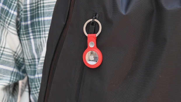 A key ring containing an AirTag attached to a rucksack inside the Apple Store George Street on April 30, 2021 in Sydney, Australia. Photographer: James D. Morgan/Getty Images AsiaPac