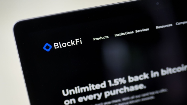 The BlockFi website on a laptop computer arranged in Little Falls, New Jersey, U.S., on Saturday, May 22, 2021. Elon Musk continued to toy with the price of Bitcoin Monday, taking to Twitter to indicate support for what he says is an effort by miners to make their operations greener.