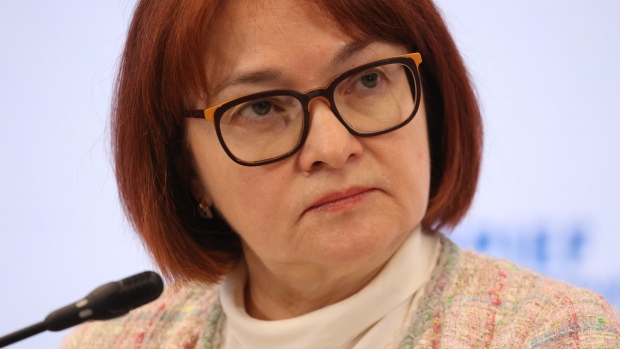 Elvira Nabiullina, governor of Russia's central bank, pauses during a panel session on day two of the St. Petersburg International Economic Forum (SPIEF) in St. Petersburg, Russia, on Thursday, June 3, 2021. President Vladimir Putin will host Russia’s flagship investor showcase as he seeks to demonstrate its stuttering economy is back to business as usual despite continuing risks from Covid-19 and new waves of western sanctions.