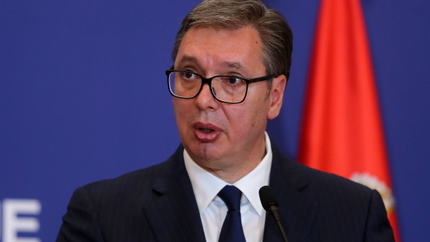 Aleksandar Vucic, Serbia's president, speaks during a news conference with Angela Merkel, Germany's chancellor, not pictured, in Belgrade, Serbia, on Monday, Sept. 13, 2021. Merkel said that Serbia's mineral reserves that can produce lithium are important for the auto industry, batteries and the future of mobility.