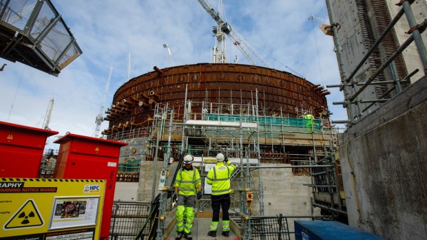 Contractors work on the Unit 1 nuclear reactor, on the Nuclear Island 1 at Hinkley Point C nuclear power station construction site, near Bridgwater U.K., on Thursday, Sept. 23, 2021. U.K. power prices have climbed so high that the cost of the nuclear plant, criticized for being too expensive, is now looking reasonable.