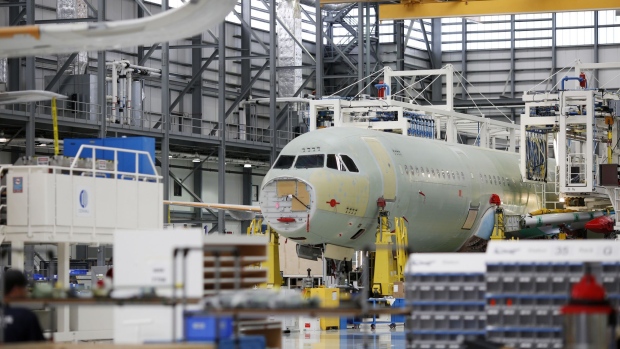 An Airbus SE A321 plane fuselage sits on the production floor at the company's final assembly line facility in Mobile, Alabama, U.S., on Wednesday, July 19, 2017. The U.S. Census Bureau is scheduled to release durable goods figures on August 3.