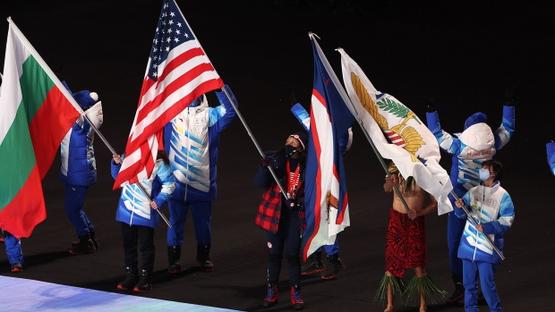 Flagbearer Elana Meyers Taylor of Team USA during the Beijing 2022 Winter Olympics Closing Ceremony on Feb. 20, 2022.