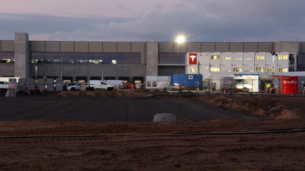 A sign designating a "Water Protection Area" at the Tesla factory construction site in Gruenheide, Germany, on Feb. 11.