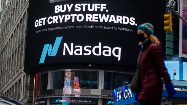 An advertisement for the Gemini credit card promising crypto rewards outside the Nasdaq MarketSite in New York’s Times Square.