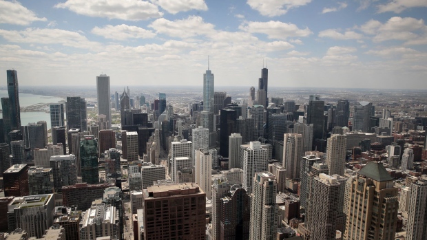 CHICAGO, ILLINOIS - MAY 12: A view from the 360 Chicago observation deck shows the city skyline, where most of the offices remain empty as work-from-home has become the new normal due to fears of the spread of COVID-19 on May 12, 2020 in Chicago, Illinois. 360 Chicago, one of the city's most popular tourist attractions located on the 94th floor of 875 North Michigan Avenue (formerly the John Hancock Center), also remains empty due to the pandemic. (Photo by Scott Olson/Getty Images) Photographer: Scott Olson/Getty Images North America