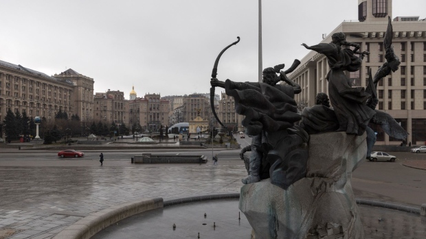 A near empty Independence Square in Kyiv, on Feb. 24. 