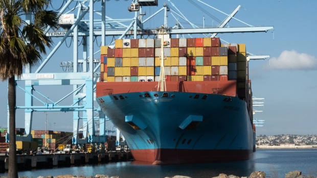 The Maersk Essex cargo ship docked at the Port of Los Angeles on Terminal Island in Los Angeles, California, U.S. on Friday, March 26, 2021. Overwhelmed U.S. ports, elevated freight costs and accidents that sent goods plunging to the bottom of the ocean are causing headaches for U.S. retailers already reeling from the pandemic. Photographer: Bing Guan/Bloomberg