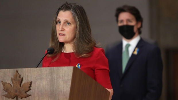 Chrystia Freeland speaks during a news conference in Ottawa on Feb. 28, 2022.