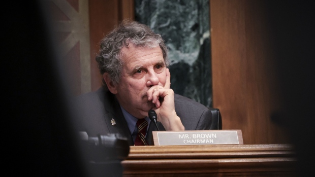 Senator Sherrod Brown, a Democrat from Ohio and chairman of the Senate Banking, Housing, and Urban Affairs Committee, during a hearing in Washington, D.C., U.S., on Tuesday, Feb. 15, 2022. The hearing is examining the President's Working Group on Financial Markets report on stablecoins.