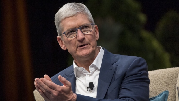 Tim Cook, chief executive officer of Apple Inc., speaks during a keynote at the 2019 DreamForce conference in San Francisco, California, U.S., on Tuesday, Nov. 19, 2019. Salesforce.com Inc.’s annual software conference, where it introduces new products and discusses its commitment to social causes, was interrupted for the second year in a row by protests against the company’s work with the U.S. government.