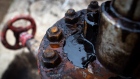 Thick black oil sits on the pipe work fitting of an oil pumping jack, also known as "nodding donkey" in an oilfield near Almetyevsk, Russia, on Sunday, Aug. 16, 2020. Oil fell below $42 a barrel in New York at the start of a week that will see OPEC+ gather to assess its supply deal as countries struggle to contain the virus that’s hurt economies and fuel demand globally.