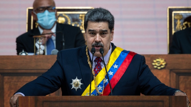 Nicolas Maduro, Venezuela's president, delivers a State of the Union address at the National Assembly in Caracas, Venezuela, on Saturday, Jan. 15, 2022. Maduro delivers his annual address on the heels of suffering a rare electoral loss in Barinas state, the birthplace of Hugo Chavez.