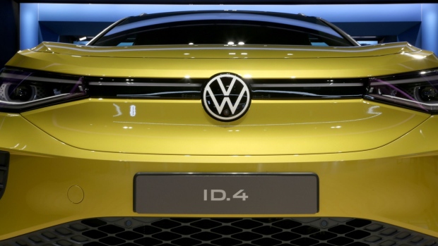 A new Volkswagen AG (VW) ID.4 electric automobile inside one of the automaker's Autostadt delivery towers at the VW headquarters in Wolfsburg, Germany, on Monday, Oct. 26, 2020. VW reports third quarter earnings on Oct 29.
