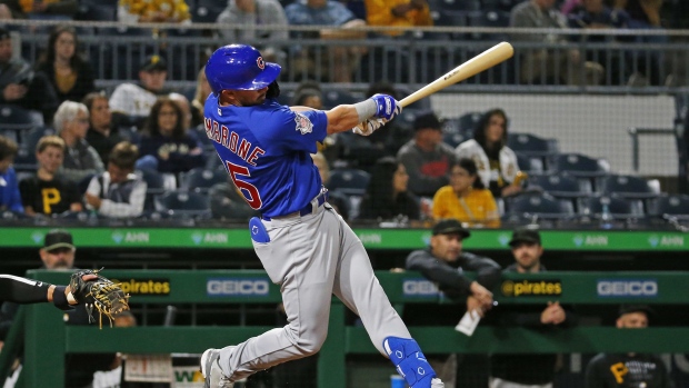 PITTSBURGH, PA - SEPTEMBER 29: Trent Giambrone #85 of the Chicago Cubs records his first Major League hit in the eighth inning against the Pittsburgh Pirates at PNC Park on September 29, 2021 in Pittsburgh, Pennsylvania. (Photo by Justin K. Aller/Getty Images)