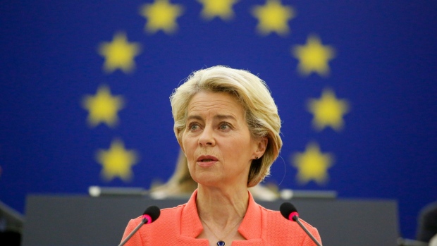 Ursula von der Leyen, president of the European Commission, delivers the State of Union 2021 address inside the Louise Weiss building, the principle seat of the European Parliament, in Strasbourg, France, on Wednesday, Sept. 15, 2021. During a closed-door meeting with European lawmakers, von der Leyen said the speech is an opportunity to show the Commission’s actions were right and pointed to what the EU has achieved on recovery plans, vaccinations and the digital Covid-19 pass, according to officials present.