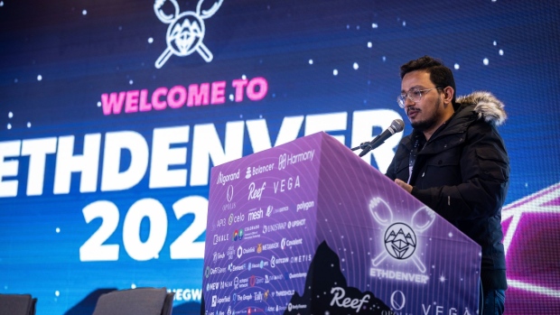 Sandeep Nailwal, co-founder and chief executive officer of Polygon, speaks during ETHDenver in Denver, Colorado, U.S., on Friday, Feb. 18, 2022. ETHDenver is the largest Web3 #BUIDLathon in the world for Ethereum and other blockchain protocol enthusiasts, designers and developers.
