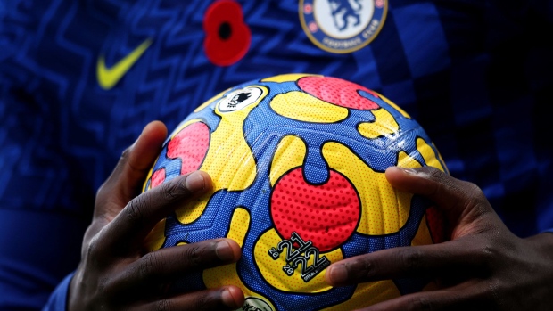 LONDON, ENGLAND - NOVEMBER 06: A detailed view of the Nike Flight Hi Vis winter ball match ball during the Premier League match between Chelsea and Burnley at Stamford Bridge on November 06, 2021 in London, England. (Photo by Alex Pantling/Getty Images)