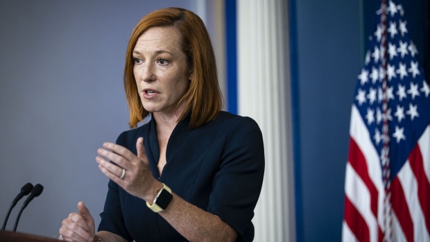 Jen Psaki, White House press secretary, speaks during a news conference in the James S. Brady Press Briefing Room at the White House in Washington, D.C., U.S., on Friday Sept. 24, 2021. President Biden faces another border crisis as thousands of Haitians try to cross into the U.S. from Mexico, and his administration's response has sparked harsh criticism from fellow Democrats over what they see as inhumane treatment of the migrants.