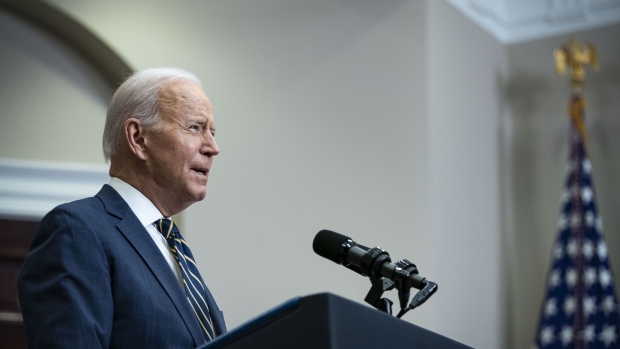 U.S. President Joe Biden speaks in the Roosevelt Room of the White House in Washington, D.C., U.S., on Friday, March 11, 2022. Biden called for an end to normal trade relations with Russia, clearing the way for increased import tariffs, and announced a ban on Russian-made vodka and caviar.