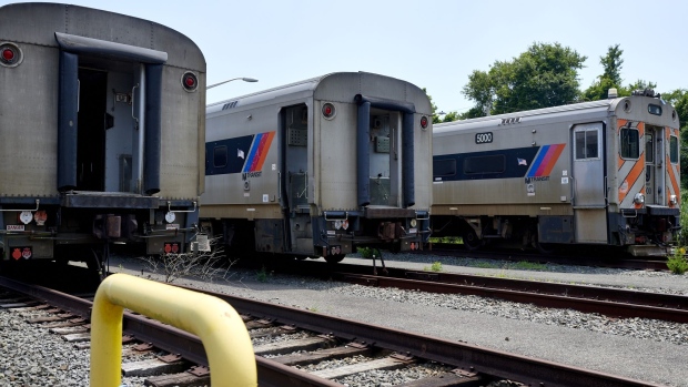 Trains at the New Jersey Transit Bay Head Rail Yard in Bay Head, New Jersey, U.S., on Saturday, July 17, 2021. A project to end increasing rounds of flood damage is pitting New Jersey Transit against an oceanside enclave of multimillion-dollar homes. Opponents cite the construction's potential to contaminate Twilight Lake. Photographer: Gabby Jones/Bloomberg