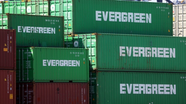 Evergreen shipping containers on the dockside at the Port of Felixstowe Ltd. in Felixstowe, U.K., on Aug. 3, 2021. 