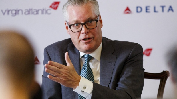 Ed Bastian, chief executive officer of Delta Air Lines Inc., speaks during a briefing ahead of an Aviation Club lunch in London, U.K., on Tuesday, March 15, 2022. Delta Air Lines said it’s working with Air France-KLM as the Paris-based airline considers joining in the bidding for a stake in Italy’s state-owned carrier.