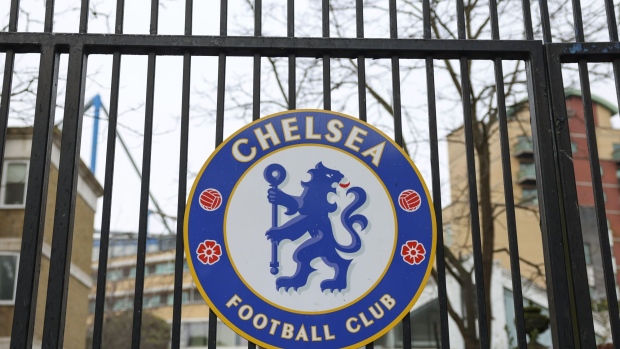 A sign on a gate at Stamford Bridge stadium, the home ground of Chelsea Football Club, owned by Russian billionaire Roman Abramovich, in London, U.K., on Wednesday, March, 2, 2022. Abramovich is selling his London properties, according to British MP Chris Bryant, and a Swiss billionaire said he’s been approached about buying Chelsea Football Club.