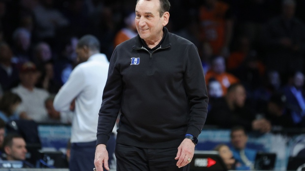 Mike Krzyzewski of the Duke Blue Devils reacts during the second half against the Syracuse Orange in the 2022 Men's ACC Basketball Tournament - Quarterfinals at Barclays Center on March 10, 2022 in the Brooklyn borough of New York City.