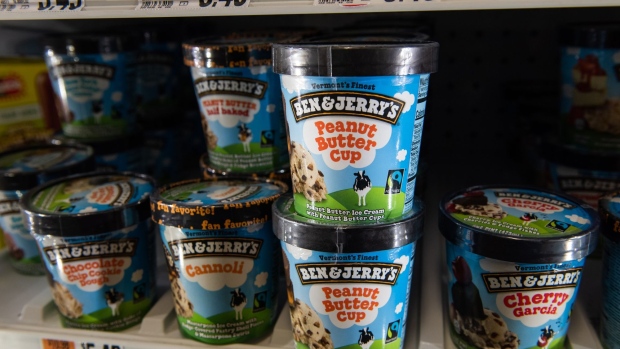 Pints of Unilever brand Ben & Jerry's ice cream for sale at a store in Dobbs Ferry, New York, U.S., on Wednesday, Jan. 19, 2022. Unilever Plc would need just over 50% of shareholders to back the purchase of GlaxoSmithKline's consumer health unit, its biggest takeover attempt ever. Judging by the initial reaction, that might prove a tough bar to clear. Photographer: Tiffany Hagler-Geard/Bloomberg