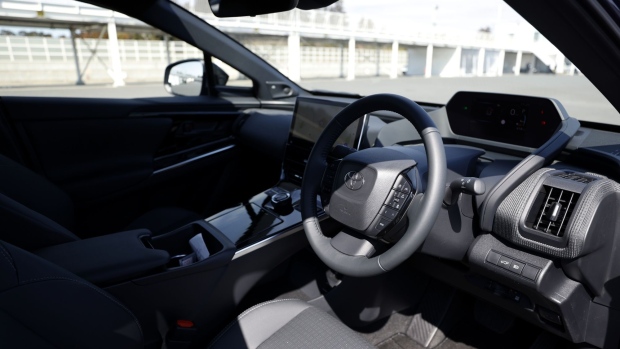 A Toyota Motor Corp. bZ4X electric sport utility vehicle (SUV) displayed during a test drive at Sodegaura Forest Raceway in Sodegaura, Chiba Prefecture, Japan, on Thursday, Feb. 24, 2022. Set for release in mid-2022, the bZ4X is Toyota's first major global EV offering.