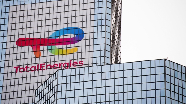 A logo on the TotalEnergies SE headquarters in the La Defense business district in Paris.