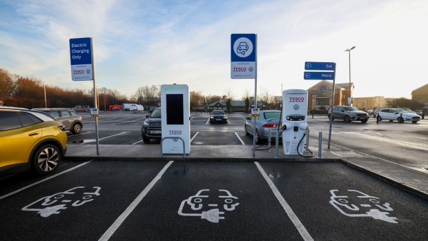 Pod Point electric vehicle charging stations outside a Tesco Plc supermarket in Maldon, U.K., on Wednesday, Jan. 12, 2022. U.K. retailers so far have largely been saying they fared well through the holiday season.