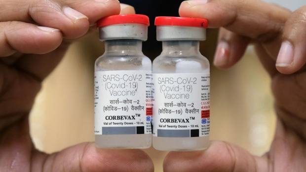 Vials of the Biological-E Ltd. Corbevax Covid-19 vaccine at a vaccination center in New Delhi, India, on Wednesday, March 16, 2022. India ordered 300 million doses of a coronavirus vaccine being developed by a local manufacturer, as Prime Minister Narendra Modi’s government comes under pressure from the nation’s Supreme Court to cover more of the population. Photographer: T. Narayan/Bloomberg