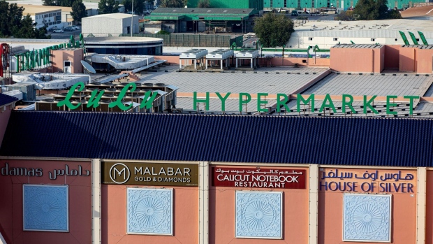 A logo sits above a Lulu hypermarket, operated by Lulu Group International, during the coronavirus lockdown in Dubai.