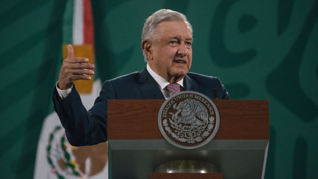 Andres Manuel Lopez Obrador, Mexico’s president, speaks during a news conference in Mexico City, Mexico, on Monday, Feb. 8, 2021. President Lopez Obrador reappeared at his daily press conference on Monday. On January 24 he announced he had Covid-19 and began a quarantine.