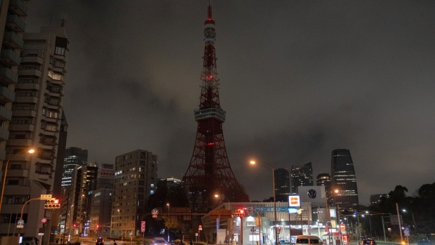 Tokyo Tower is seen unlit after the Tokyo government turned off its lights to conserve energy on March 22.