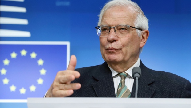 Josep Borrell, vice president of the European Commission, speaks during a news conference following a Foreign Affairs Council and Defense Ministers meeting at the EU Council headquarters in Brussels, Belgium, on Monday, March 21, 2022. Borrell said he expects leaders to discuss, but probably not approve, further sanctions against Russia when they meet in Brussels this week for talks attended by U.S. President Joe Biden.
