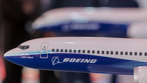A model of a Boeing Co. 737 Max aircraft at the company's pavilion during the Wings India 2022 Air Show held at Begumpet Airport in Hyderabad, India, on Thursday, March 24, 2022. The air show runs through March 27. Photographer: Dhiraj Singh/Bloomberg