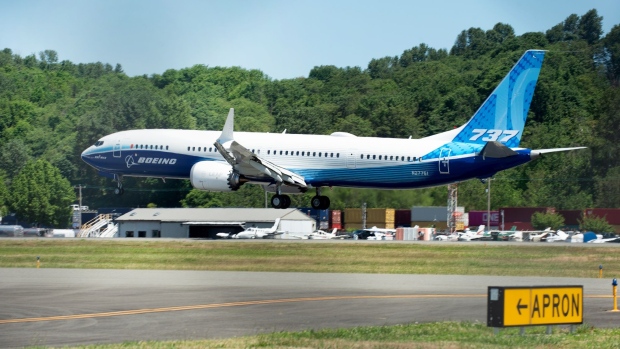 The Boeing 737 Max 10 airplane lands at Boeing Field in Seattle, Washington, U.S., on Friday, June 18, 2021. Boeing Co.'s biggest 737 Max model took its initial flight on Friday morning, marking another milestone in the jet family's comeback from tragedy and a lengthy grounding.