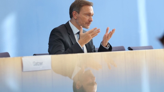 Christian Lindner, Germany's finance minister, speaks during a news conference in Berlin, Germany, on Wednesday, March 16, 2022. In the 2022 federal budget -- approved today by the cabinet -- the government is targeting as much as 99.7 billion euros in new borrowing, but the final figure is likely to be even higher. Photographer: Liesa Johannssen-Koppitz/Bloomberg