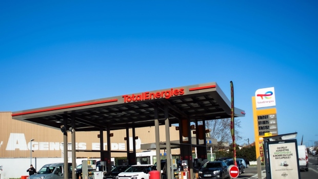 A TotalEnergies SE gas station in Toulouse, France, on Thursday, Feb. 10, 2022. TotalEnergies promised to increase its dividend and buy back more shares after posting a record fourth-quarter profit.