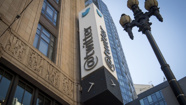 Twitter Inc. signage is displayed outside the company's headquarters in San Francisco, California, U.S., on Thursday, Feb. 8, 2018. Twitter Inc. soared the most since its market debut in 2013 after it posted the first revenue growth in four quarters, driven by improvements to its app and added video content that are persuading advertisers to boost spending on the social network.
