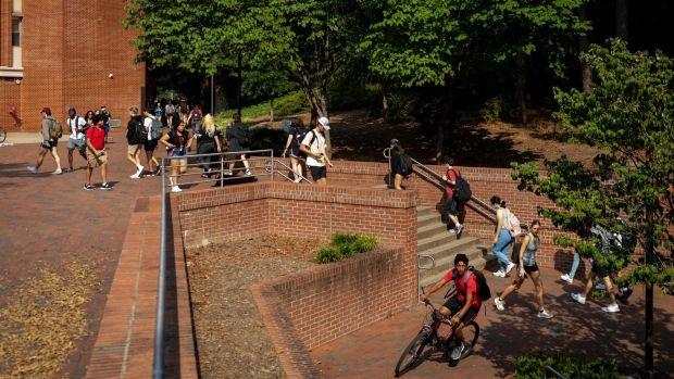 Students on campus at North Carolina State University in Raleigh, North Carolina, on Sept. 13, 2021. Photographer: Logan Cyrus/Bloomberg