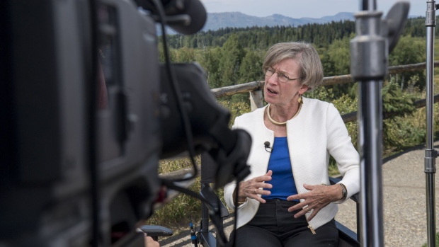 Catherine Mann, chief economist at the Organization for Economic Cooperation and Development (OECD), speaks during a Bloomberg Television interview at the Jackson Hole economic symposium, sponsored by the Federal Reserve Bank of Kansas City, in Moran, Wyoming, U.S., on Friday, Aug. 25, 2017. Mann discussed ECB President Mario Draghi's remarks.